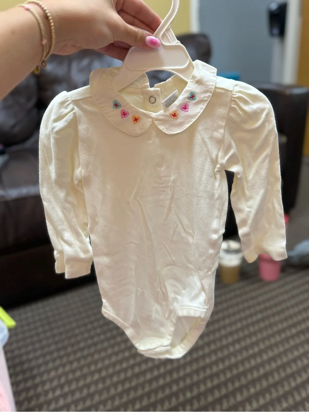 Gymboree Cream Long-Sleeve Baby Bodysuit with Colorful Heart Embroidery